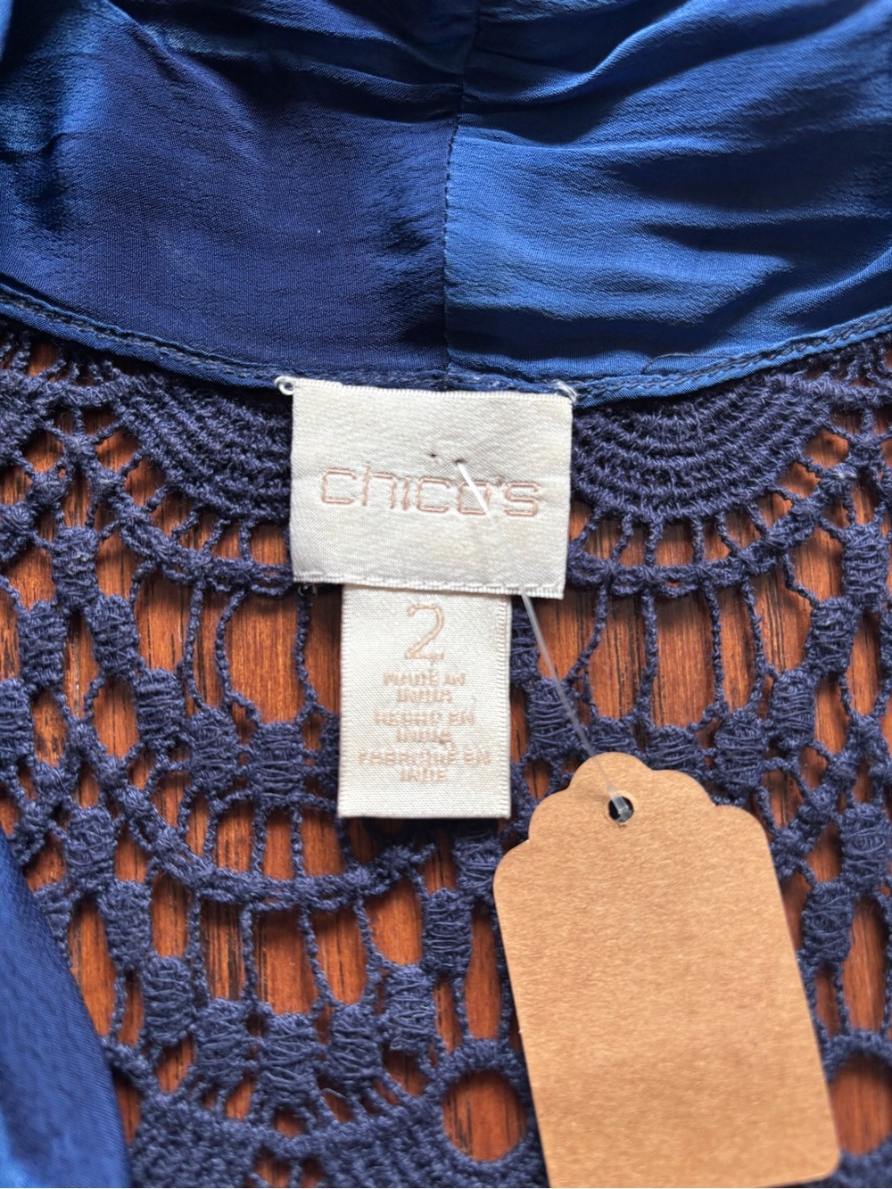 Chico's Blue Silky Tie-Dye Crochet Kimono | Size 2 | Cover Up - Picture 8 of 11